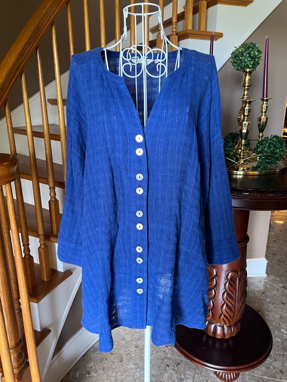 Soft Surroundings Linen Cotton Blue Gauze Textured Tunic Top Coastal Boho Size S